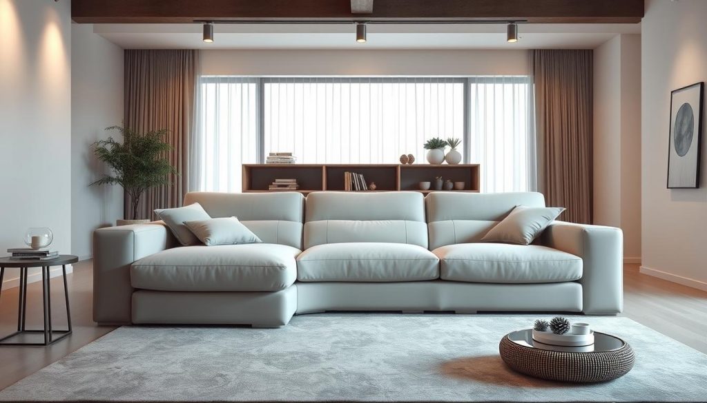 A modern, minimalist living room with a sleek, retractable sofa taking center stage. The sofa's clean lines and neutral upholstery blend seamlessly with the room's bright, airy atmosphere. Soft, diffused lighting from overhead fixtures casts a warm glow, accentuating the sofa's smooth, curved silhouette. The sofa's retractable mechanism is subtly integrated, allowing for flexible seating arrangements and effortless transformation of the space. Surrounding the sofa, a neutral-toned rug and carefully curated decor elements create a cohesive, sophisticated ambiance, highlighting the sofa's role as the room's focal point. Uma sala de estar moderna e minimalista com um sofá elegante e retrátil no centro do palco. As linhas simples e o estofamento neutro do sofá combinam perfeitamente com a atmosfera clara e arejada da sala. A iluminação suave e difusa das luminárias suspensas emite um brilho quente, acentuando a silhueta suave e curva do sofá. O mecanismo retrátil do sofá é sutilmente integrado, permitindo arranjos flexíveis de assentos e a transformação do espaço sem esforço. Ao redor do sofá, um tapete de tom neutro e elementos de decoração cuidadosamente selecionados criam um ambiente coeso e sofisticado, destacando o papel do sofá como ponto focal da sala.