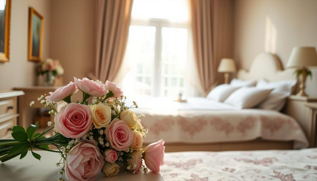 A romantic bedroom decor with a soft, dreamy atmosphere. In the foreground, a delicate bouquet of pastel-colored flowers - roses, peonies, and baby's breath - arranged elegantly on a nightstand. The middle ground features a cozy, well-made bed with crisp white linens and a feminine, lace-trimmed blanket. In the background, a large window allows natural light to pour in, casting a warm, golden glow throughout the space. Wispy curtains frame the window, adding to the romantic ambiance. The overall scene exudes a sense of tranquility and personal touch, as if captured in a timeless, true-to-life moment. Uma decoração romântica de quarto com uma atmosfera suave e sonhadora. Em primeiro plano, um delicado buquê de flores em tons pastéis - rosas, peônias e bafo de bebê - elegantemente arrumado em uma mesa de cabeceira. O meio-termo apresenta uma cama aconchegante e bem feita, com lençóis brancos e nítidos e um cobertor feminino com acabamento em renda. Ao fundo, uma grande janela permite a entrada de luz natural, lançando um brilho quente e dourado em todo o espaço. Cortinas finas emolduram a janela, aumentando o ambiente romântico. A cena geral exala uma sensação de tranquilidade e toque pessoal, como se tivesse sido capturada em um momento atemporal e real.