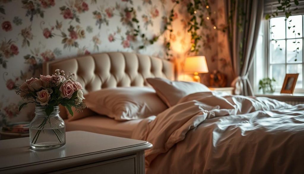 A romantic bedroom interior with soft, warm lighting, gentle floral patterns, and plush textiles. In the foreground, a delicate floral arrangement sits atop a nightstand, casting a gentle glow. The bed is adorned with luxurious satin sheets and a tufted headboard, creating an inviting atmosphere. Trailing vines and greenery cascade from the windowsill, further enhancing the natural, serene ambiance. Hints of gold accents, such as a small side table or picture frame, add a touch of elegance. The overall scene exudes a sense of comfort, intimacy, and tranquility, perfectly capturing the power of romantic decor in the bedroom. Interior de um quarto romântico com iluminação suave e aconchegante, padrões florais suaves e tecidos de pelúcia. Em primeiro plano, um delicado arranjo floral em cima de uma mesa de cabeceira, emitindo um brilho suave. A cama é adornada com luxuosos lençóis de cetim e uma cabeceira tufada, criando uma atmosfera convidativa. Vinhas e folhagens em cascata caem do peitoril da janela, aumentando ainda mais o ambiente natural e sereno. Toques de ouro, como uma pequena mesa lateral ou porta-retratos, dão um toque de elegância. A cena geral exala uma sensação de conforto, intimidade e tranquilidade, capturando perfeitamente o poder da decoração romântica no quarto.