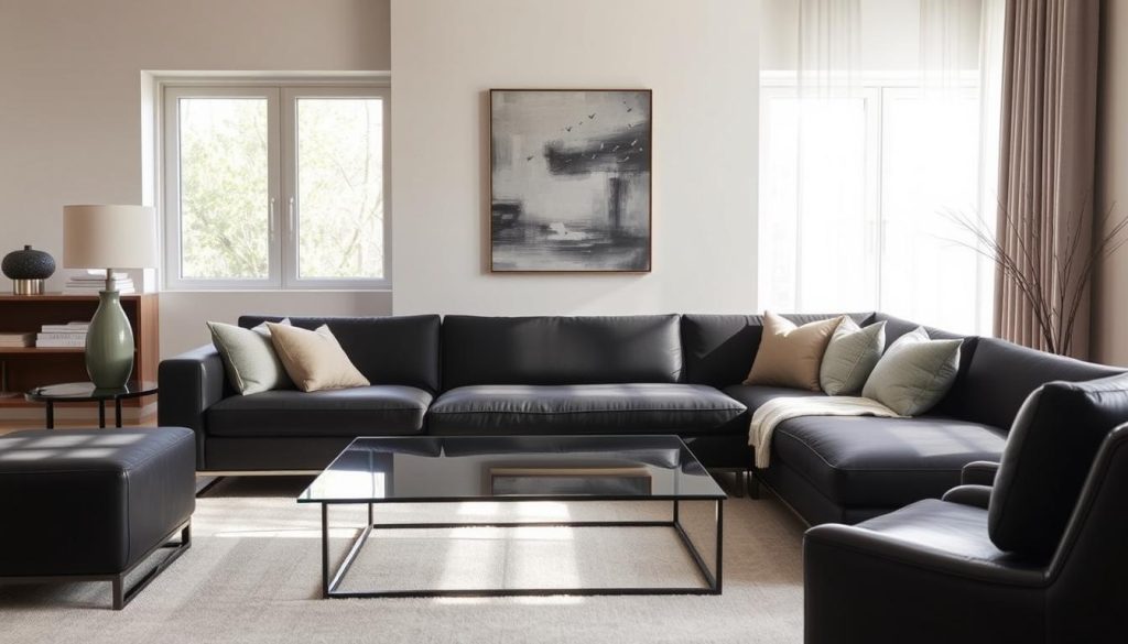 A sleek, ebony sofa takes center stage in a sophisticated living room, its dark hues accentuated by the soft, diffused natural light filtering through large windows. The sofa is meticulously placed, its clean lines and elegant silhouette creating a focal point that draws the eye. The room's neutral palette, with subtle hints of gray and beige, provides a harmonious backdrop, allowing the sofa to shine. Plush, textured throw pillows in complementary shades add depth and visual interest, while a minimalist, glass-topped coffee table and a few carefully curated accent pieces complete the refined, yet inviting, atmosphere. Um sofá elegante de ébano ocupa o centro do palco em uma sala de estar sofisticada, com seus tons escuros acentuados pela luz natural suave e difusa que passa pelas grandes janelas. O sofá foi meticulosamente colocado, suas linhas limpas e sua silhueta elegante criam um ponto focal que chama a atenção. A paleta neutra da sala, com toques sutis de cinza e bege, proporciona um pano de fundo harmonioso, permitindo que o sofá brilhe. Almofadas macias e texturizadas em tons complementares acrescentam profundidade e interesse visual, enquanto uma mesa de centro minimalista com tampo de vidro e algumas peças de destaque cuidadosamente selecionadas completam a atmosfera refinada, porém convidativa.