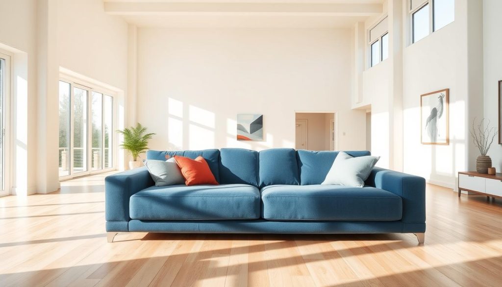 A spacious, well-lit living room with a large, plush blue sofa as the focal point. The sofa is positioned centrally, allowing ample walking space around it. Sunlight streams in through large windows, creating a warm, inviting atmosphere. The room features high ceilings and minimalist decor, with subtle pops of color in the form of accent pillows and artwork on the walls. The floor is a light hardwood, complementing the blue hue of the sofa. The overall scene conveys a sense of openness, comfort, and sophisticated style, perfect for showcasing a blue sofa in a generously sized living space. Uma sala de estar espaçosa e bem iluminada com um grande sofá azul de pelúcia como ponto focal. O sofá está posicionado no centro, permitindo um amplo espaço para caminhar ao redor dele. A luz do sol entra pelas grandes janelas, criando uma atmosfera calorosa e convidativa. A sala apresenta tetos altos e decoração minimalista, com sutis toques de cor na forma de almofadas de destaque e obras de arte nas paredes. O piso é de madeira clara, complementando a tonalidade azul do sofá. O cenário geral transmite uma sensação de abertura, conforto e estilo sofisticado, perfeito para exibir um sofá azul em uma sala de estar de tamanho generoso.
