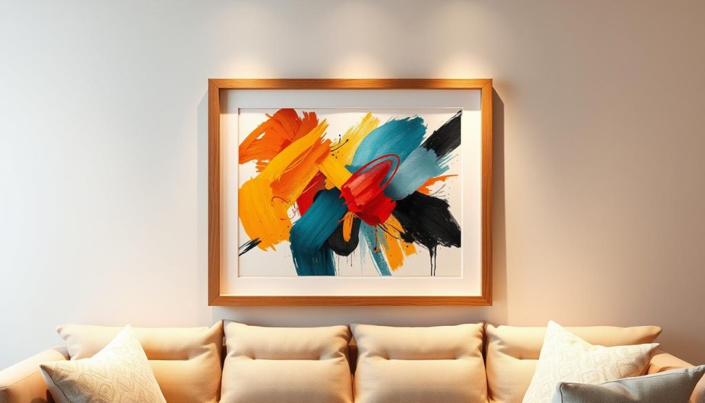 A stylish and harmonious decorative frame in the ideal size for a living room wall. The frame is made of a premium wood with a rich, natural grain and a refined matte finish. It houses a captivating abstract artwork with bold, colorful brushstrokes that add vibrancy and visual interest to the space. The frame is carefully positioned to create a striking focal point, illuminated by soft, warm lighting that enhances the depth and texture of the composition. The overall aesthetic is elegant, sophisticated, and perfectly suited to complement the decor of a modern, sophisticated living area. Uma moldura decorativa elegante e harmoniosa com o tamanho ideal para uma parede de sala de estar. A moldura é feita de uma madeira de primeira qualidade com um grão rico e natural e um acabamento mate refinado. Alberga uma cativante obra de arte abstrata com pinceladas arrojadas e coloridas que acrescentam vibração e interesse visual ao espaço. A moldura está cuidadosamente posicionada para criar um ponto focal impressionante, iluminado por uma luz suave e quente que realça a profundidade e a textura da composição. A estética geral é elegante, sofisticada e perfeitamente adequada para complementar a decoração de uma sala de estar moderna e sofisticada.
