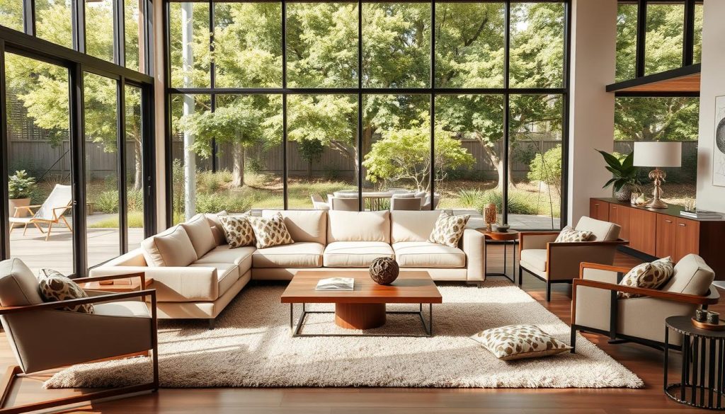 A stylish living room interior with a prominent beige sofa as the focal point. The sofa is complemented by sleek, minimalist furniture in a neutral color palette, including a wooden coffee table and plush armchairs. The room is bathed in warm, natural lighting, streaming in through large windows that offer a view of a lush, verdant outdoor space. Elegant textiles, such as plush rugs and cozy throw pillows, add depth and texture to the space. The overall aesthetic is one of understated sophistication, blending clean lines, natural materials, and a harmonious balance of colors and textures. Interior elegante de uma sala de estar com um sofá bege proeminente como ponto focal. O sofá é complementado por móveis elegantes e minimalistas em uma paleta de cores neutras, incluindo uma mesa de centro de madeira e poltronas de pelúcia. O cômodo é banhado por uma iluminação natural e aconchegante, que entra pelas grandes janelas que oferecem vista para um espaço externo verdejante e exuberante. Têxteis elegantes, como tapetes de pelúcia e almofadas aconchegantes, acrescentam profundidade e textura ao espaço. A estética geral é de uma sofisticação discreta, combinando linhas limpas, materiais naturais e um equilíbrio harmonioso de cores e texturas.