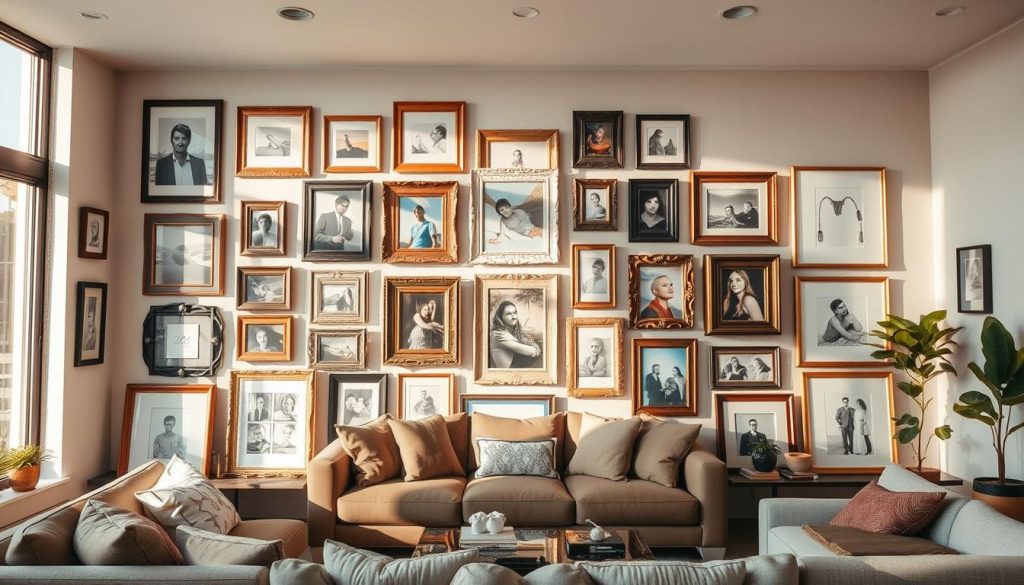 A thoughtfully arranged collection of eclectic decorative frames in a well-lit, minimalist living room. The frames display a diverse range of artwork and personal photographs, reflecting the homeowner's unique style and personality. Warm, natural lighting filters in through large windows, casting a soft glow on the frames and accentuating the textures and materials used. The frames are hung in a visually balanced, asymmetrical layout, creating a sense of visual harmony. The overall atmosphere is one of coziness, creativity, and self-expression. Uma coleção cuidadosamente organizada de molduras decorativas eclécticas numa sala de estar minimalista e bem iluminada. As molduras exibem uma gama diversificada de obras de arte e fotografias pessoais, reflectindo o estilo e a personalidade únicos do proprietário. A luz quente e natural é filtrada através de grandes janelas, lançando um brilho suave sobre as molduras e acentuando as texturas e os materiais utilizados. As molduras são penduradas numa disposição assimétrica e visualmente equilibrada, criando uma sensação de harmonia visual. A atmosfera geral é de aconchego, criatividade e auto-expressão.