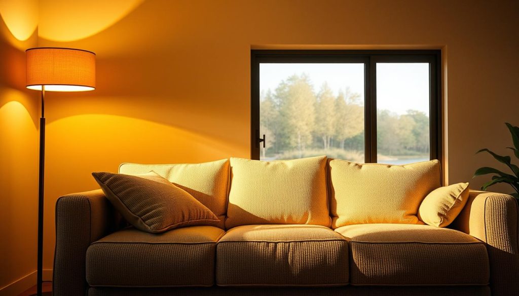 A warm, cozy living room with a plush beige sofa illuminated by a stylish floor lamp. The sofa is the focal point, its soft textured upholstery and inviting cushions bathed in a gentle, golden glow. Ambient lighting from a large window casts soft shadows, creating a serene, relaxing atmosphere. The room is decorated with minimal, natural-toned accents, allowing the sofa to shine. Captured from a low angle, the image emphasizes the sofa's comfort and allure, perfectly complementing the "Iluminação para Valorizar o Sofá Bege" section of the article. Uma sala de estar com luz quente e aconchegante com um sofá bege de pelúcia iluminado por uma luminária de piso elegante. O sofá é o ponto focal, com seu estofamento de textura macia e almofadas convidativas banhadas por um brilho dourado suave. A iluminação ambiente de uma grande janela projeta sombras suaves, criando uma atmosfera serena e relaxante. O cômodo é decorado com detalhes mínimos em tons naturais, permitindo que o sofá brilhe. Capturada de um ângulo baixo, a imagem enfatiza o conforto e o encanto do sofá, complementando perfeitamente a seção “Iluminação para Valorizar o Sofá Bege” do artigo.Traduzido com a versão gratuita do tradutor - DeepL.com