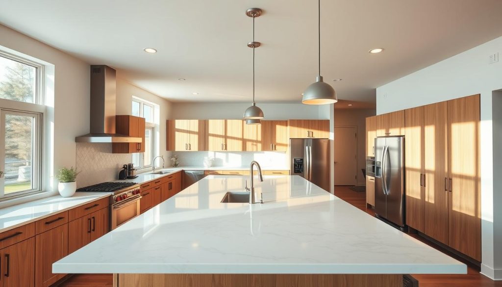 A well-lit, modern American kitchen with an open, airy layout. The kitchen features a large central island with a sleek, quartz countertop that seamlessly integrates with the surrounding cabinetry. Warm-toned wood accents and stainless steel appliances create a harmonious, inviting atmosphere. The space is filled with natural light streaming in through large windows, casting a soft, golden glow over the minimalist, yet stylish decor. Thoughtfully placed pendant lights and recessed lighting illuminate the various work zones, blending functionality and aesthetic appeal. The kitchen flows effortlessly into the adjacent living area, showcasing the cohesive, open-concept design that embodies the essence of the American kitchen. Uma cozinha americana moderna e bem iluminada com um layout aberto e arejado. A cozinha apresenta uma grande ilha central com uma elegante bancada de quartzo que se integra perfeitamente aos armários ao redor. Acentos de madeira em tons quentes e eletrodomésticos de aço inoxidável criam uma atmosfera harmoniosa e convidativa. O espaço é repleto de luz natural que entra pelas grandes janelas, lançando um brilho suave e dourado sobre a decoração minimalista, porém elegante. Luminárias pendentes e embutidas cuidadosamente colocadas iluminam as várias áreas de trabalho, combinando funcionalidade e apelo estético. A cozinha flui sem esforço para a área de estar adjacente, mostrando o design coeso e de conceito aberto que incorpora a essência da cozinha americana.