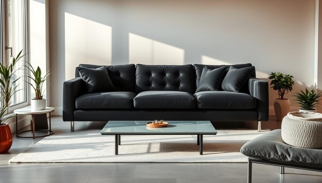A well-lit, modern living room with a sleek and stylish black sofa as the focal point. The sofa is positioned prominently in the center of the frame, its clean lines and deep, luxurious cushions creating a sense of elegance and sophistication. The room is accented with minimalist decor, including a modern coffee table and a few carefully placed plants, adding a touch of natural ambiance. The lighting is soft and warm, casting a gentle glow on the sofa and highlighting its rich, inviting texture. The walls are a neutral color, allowing the black sofa to stand out and create a striking visual contrast. The overall mood is one of relaxation and refined aesthetic, perfectly capturing the advantages of a black sofa in interior design. Uma sala de estar moderna e bem iluminada com um sofá preto elegante e estiloso como ponto focal. O sofá está posicionado de forma proeminente no centro da moldura, com suas linhas limpas e almofadas profundas e luxuosas criando uma sensação de elegância e sofisticação. A sala é acentuada com uma decoração minimalista, incluindo uma mesa de centro moderna e algumas plantas cuidadosamente colocadas, acrescentando um toque de ambiente natural. A iluminação é suave e aconchegante, lançando um brilho suave sobre o sofá e destacando sua textura rica e convidativa. As paredes são de cor neutra, permitindo que o sofá preto se destaque e crie um contraste visual impressionante. O clima geral é de relaxamento e estética refinada, capturando perfeitamente as vantagens de um sofá preto no design de interiores.