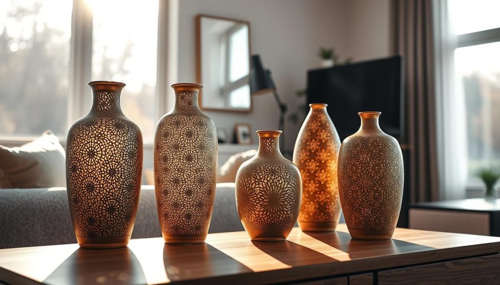 Decorative vases in a contemporary living room, arranged elegantly on a wooden side table. The vases feature intricate patterns and textures, casting warm, soft lighting across the scene. Sunlight filters through large windows, creating a cozy, inviting atmosphere. The vases serve as the focal point, complementing the neutral color scheme and minimalist decor. Captured with a shallow depth of field, emphasizing the delicate details and craftsmanship of the vessels. Vasos decorativos em uma sala de estar contemporânea, dispostos elegantemente em uma mesa lateral de madeira. Os vasos apresentam padrões e texturas intrincados, lançando uma iluminação quente e suave sobre a cena. A luz do sol passa por grandes janelas, criando uma atmosfera aconchegante e convidativa. Os vasos servem como ponto focal, complementando o esquema de cores neutras e a decoração minimalista. Capturada com uma profundidade de campo rasa, enfatizando os detalhes delicados e o trabalho artesanal dos vasos.