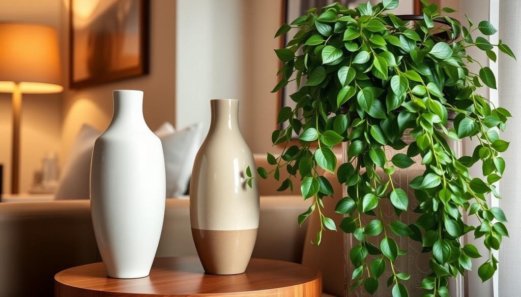 Decorative vases in a cozy living room setting, showcasing elegant shapes and textures. A pair of sleek, minimalist ceramic vases in neutral tones stand prominently on a wooden side table, complemented by a lush, verdant plant cascading over the edge. Soft, warm lighting from a nearby floor lamp casts a gentle glow, creating an inviting and sophisticated atmosphere. The vases are the focal point, drawing the eye and evoking a sense of refined style and attention to detail. The overall scene exudes a harmonious balance between the natural and the man-made, making it the perfect illustration for a section on choosing decorative vases with or without plants. Vasos decorativos em um ambiente aconchegante de sala de estar, exibindo formas e texturas elegantes. Um par de vasos de cerâmica elegantes e minimalistas em tons neutros destacam-se em uma mesa lateral de madeira, complementados por uma planta exuberante e verdejante que cai em cascata sobre a borda. A iluminação suave e quente de uma luminária de chão próxima emite um brilho suave, criando uma atmosfera convidativa e sofisticada. Os vasos são o ponto focal, atraindo o olhar e evocando um senso de estilo refinado e atenção aos detalhes. A cena geral exala um equilíbrio harmonioso entre o natural e o artificial, o que a torna a ilustração perfeita para uma seção sobre a escolha de vasos decorativos com ou sem plantas.