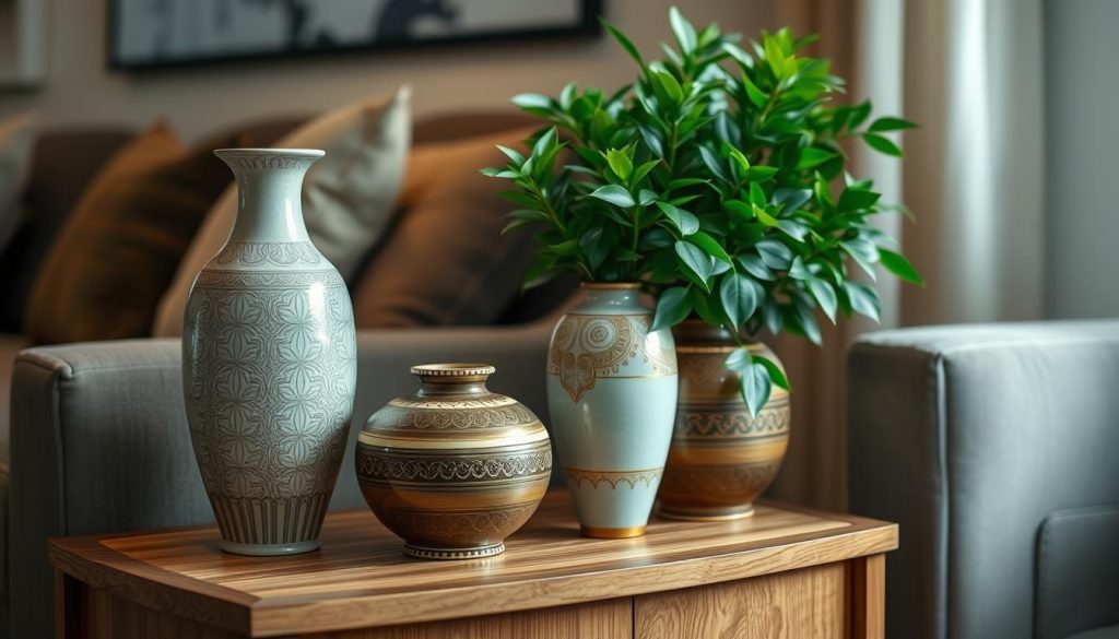 Decorative vases in a welcoming living room environment. Elegant ceramic vases with intricate patterns and textures, arranged on a wooden side table with a lush green potted plant. Soft, warm lighting casts a gentle glow, highlighting the vases' subtle colors and reflective surfaces. The vases are the focal point, creating a visually appealing and harmonious display that complements the room's neutral tones and natural accents. A serene, inviting atmosphere that inspires thoughtful contemplation and appreciation for these decorative pieces. Vasos decorativos em um ambiente acolhedor de sala de estar. Elegantes vasos de cerâmica com padrões e texturas intrincados, dispostos em uma mesa lateral de madeira com um exuberante vaso de planta verde. A iluminação suave e quente emite um brilho delicado, destacando as cores sutis e as superfícies reflexivas dos vasos. Os vasos são o ponto focal, criando uma exibição visualmente atraente e harmoniosa que complementa os tons neutros e os detalhes naturais da sala. Uma atmosfera serena e convidativa que inspira a contemplação cuidadosa e o apreço por essas peças decorativas.