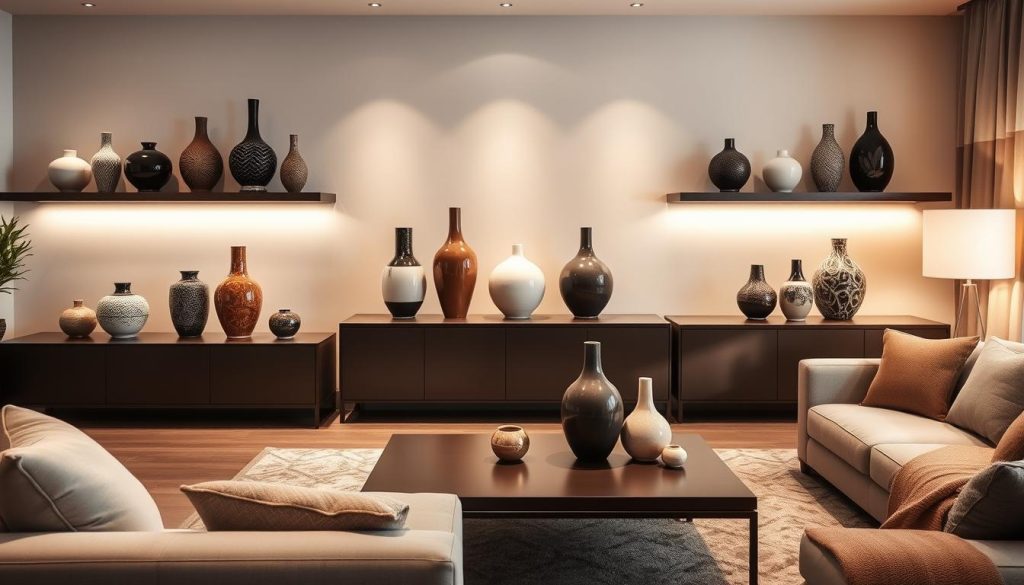 Elegant decorative vases arranged in a harmonious living room setting. Glossy ceramic vases of varying shapes and sizes, strategically placed on floating shelves, side tables, and console units. Gentle lighting casts a warm, inviting glow, highlighting the intricate patterns and textures of the vases. Plush furniture, muted color palettes, and soft textiles create a refined, tranquil atmosphere. The vases serve as focal points, adding visual interest and a touch of sophisticated style to the space. Captured from multiple angles, showcasing the best positions to display decorative vases in a living room. Vasos decorativos elegantes dispostos em um ambiente harmonioso de sala de estar. Vasos de cerâmica brilhante de formas e tamanhos variados, estrategicamente colocados em prateleiras flutuantes, mesas laterais e unidades de console. A iluminação suave emite um brilho quente e convidativo, destacando os padrões e as texturas intrincados dos vasos. Móveis de pelúcia, paletas de cores suaves e tecidos macios criam uma atmosfera refinada e tranquila. Os vasos servem como pontos focais, acrescentando interesse visual e um toque de estilo sofisticado ao espaço. Capturado de vários ângulos, mostrando as melhores posições para exibir vasos decorativos em uma sala de estar.