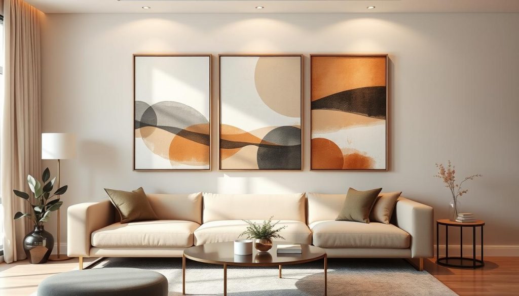 Elegant decorative wall art in a harmonious color palette, featuring abstract geometric shapes and subtle textures. The composition is balanced, with a focus on minimalist design and clean lines. Warm lighting casts a soft, inviting glow, creating a cozy and sophisticated atmosphere. The artwork is displayed in a modern living room setting, seamlessly blending with the neutral furniture and decor. The placement of the artwork is intentional, drawing the eye and complementing the overall room design. Arte decorativa elegante para parede numa paleta de cores harmoniosa, com formas geométricas abstractas e texturas subtis. A composição é equilibrada, com um foco no design minimalista e linhas simples. A iluminação quente projecta um brilho suave e convidativo, criando uma atmosfera acolhedora e sofisticada. A obra de arte é apresentada numa sala de estar moderna, misturando-se perfeitamente com o mobiliário e a decoração neutros. A colocação da obra de arte é intencional, atraindo o olhar e complementando o design geral da sala.