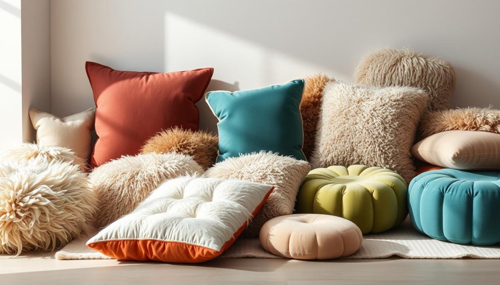 High-quality, high-resolution image of various puff materials arranged in a harmonious display, showcasing their textures, colors, and styles. The puffs are positioned in a well-lit, minimalist setting with soft, directional lighting that accentuates their unique characteristics. The arrangement is visually appealing, with a sense of balance and proportion, allowing the materials to take center stage. The image captures the essence of the "Materiais e Formatos: Guia Completo" section, providing a comprehensive visual reference for readers interested in decorating their living spaces with stylish and versatile puff furniture. High-quality, high-resolution image of various puff materials arranged in a harmonious display, showcasing their textures, colors, and styles. The puffs are positioned in a well-lit, minimalist setting with soft, directional lighting that accentuates their unique characteristics. The arrangement is visually appealing, with a sense of balance and proportion, allowing the materials to take center stage. The image captures the essence of the "Materiais e Formatos: Guia Completo" section, providing a comprehensive visual reference for readers interested in decorating their living spaces with stylish and versatile puff furniture.
