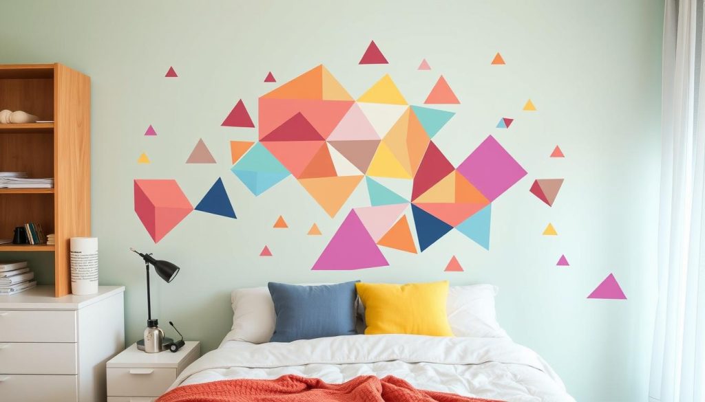 Imagem de adesivos geométricos coloridos aplicados em uma parede de quarto Imagem de adesivos geométricos coloridos aplicados em uma parede de quarto