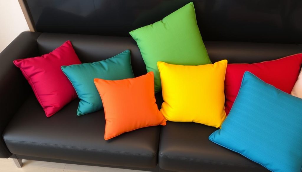 Imagem de almofadas coloridas em um sofá preto Imagem de almofadas coloridas em um sofá preto
