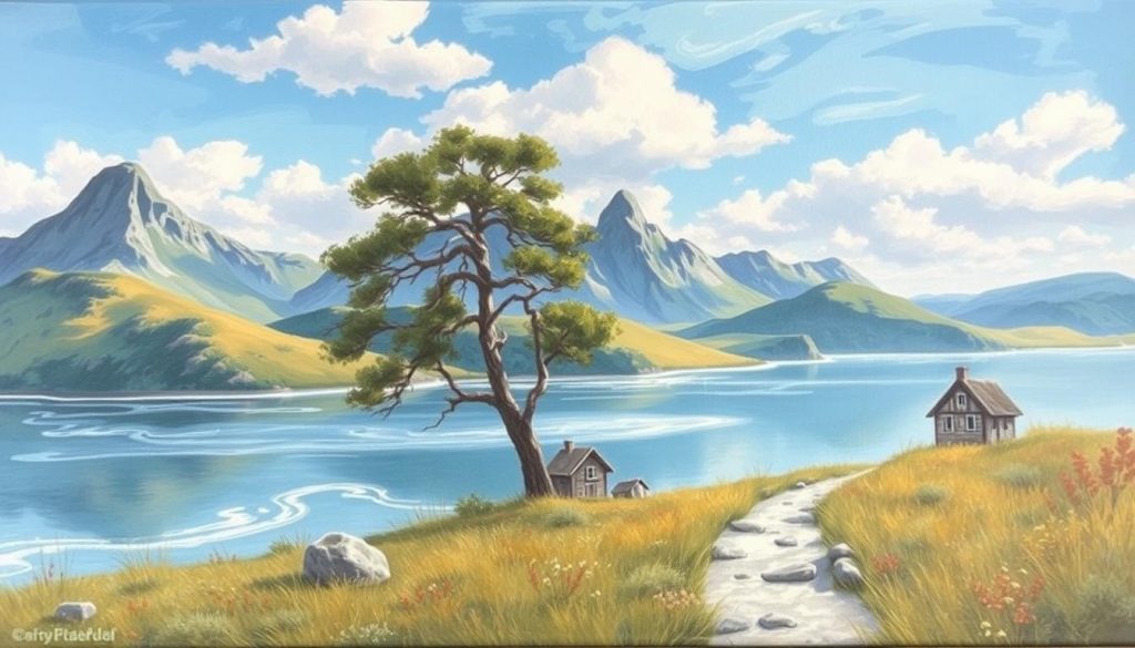 Imagem de um quadro decorativo em tecido canvas com uma paisagem serena Imagem de um quadro decorativo em tecido canvas com uma paisagem serena