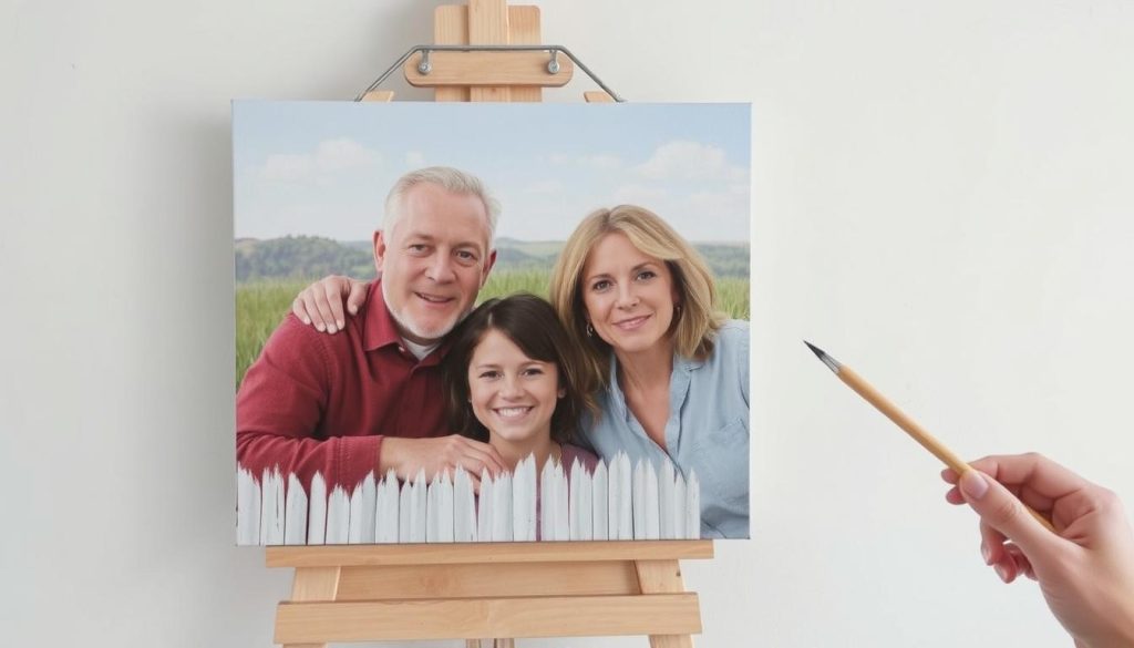 Imagem de um quadro personalizado sendo criado com uma foto de família Imagem de um quadro personalizado sendo criado com uma foto de família