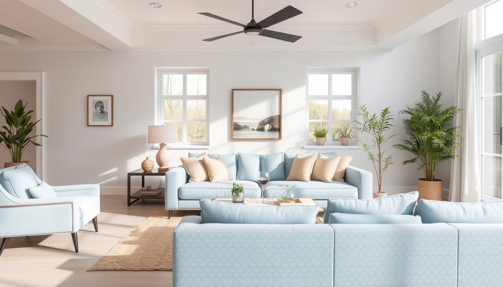 Imagem de um sofá azul claro em uma sala de estar iluminada Imagem de um sofá azul claro em uma sala de estar iluminada