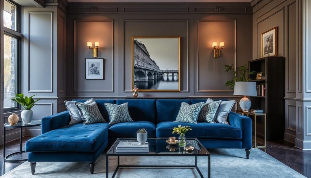 Imagem de um sofá azul marinho em uma sala de estar elegante Imagem de um sofá azul marinho em uma sala de estar elegante