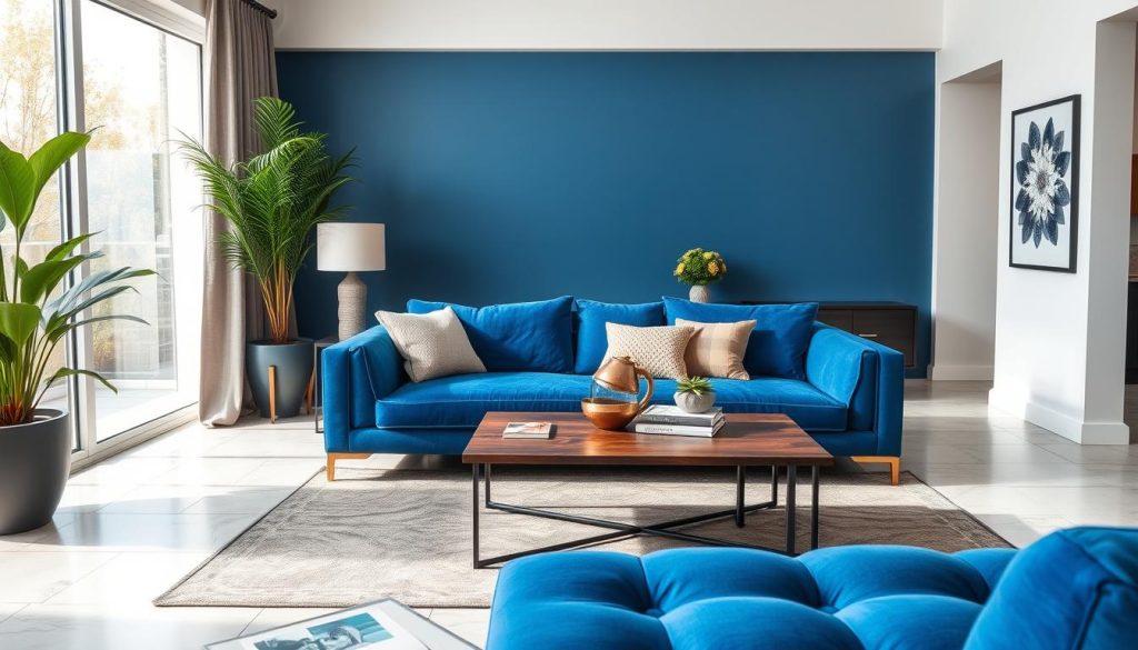 Imagem de um sofá azul royal em uma sala de estar moderna Imagem de um sofá azul royal em uma sala de estar moderna
