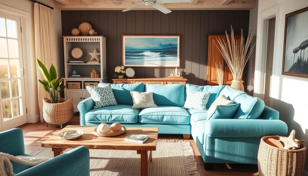 Imagem de um sofá azul turquesa em uma sala de estar com decoração praiana Imagem de um sofá azul turquesa em uma sala de estar com decoração praiana