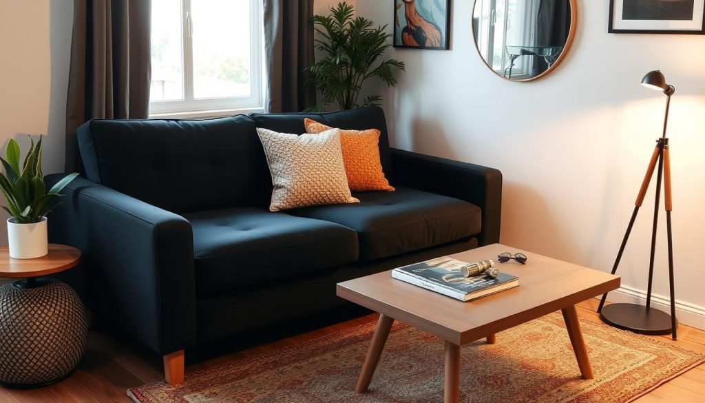 Imagem de um sofá cama preto em um ambiente pequeno Imagem de um sofá cama preto em um ambiente pequeno