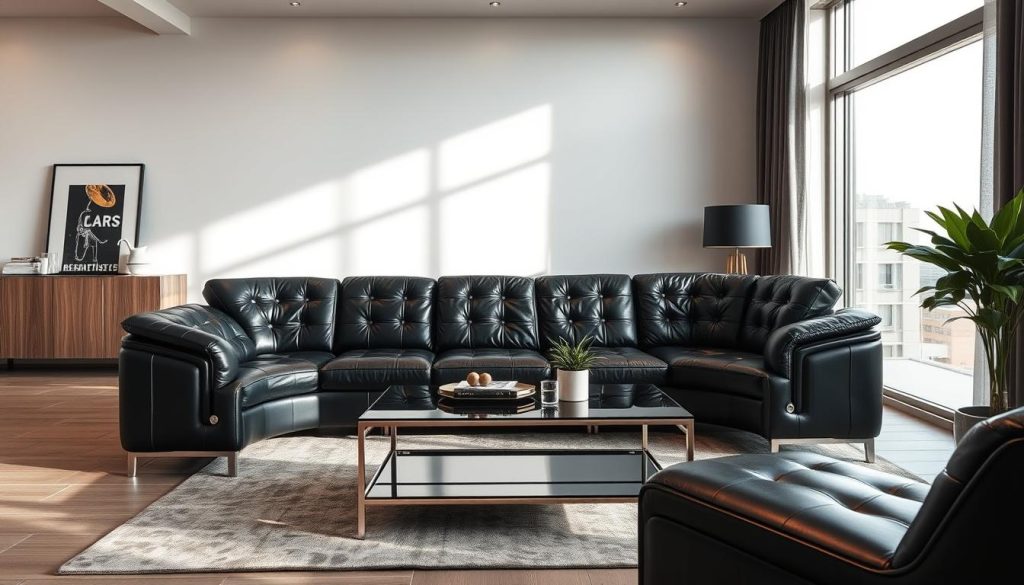 Imagem de um sofá preto de couro elegante em uma sala moderna Imagem de um sofá preto de couro elegante em uma sala moderna