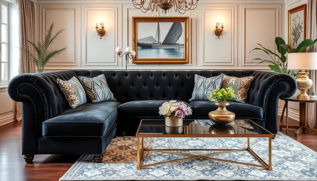 Imagem de um sofá preto elegante em uma sala decorada Imagem de um sofá preto elegante em uma sala decorada