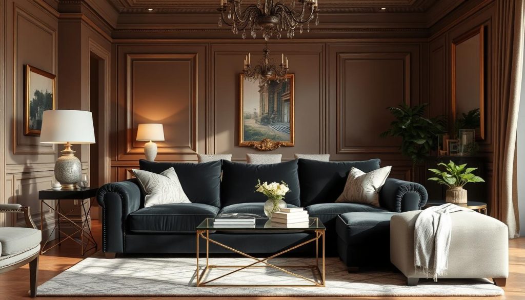 Imagem de um sofá preto em uma sala decorada Imagem de um sofá preto em uma sala decorada