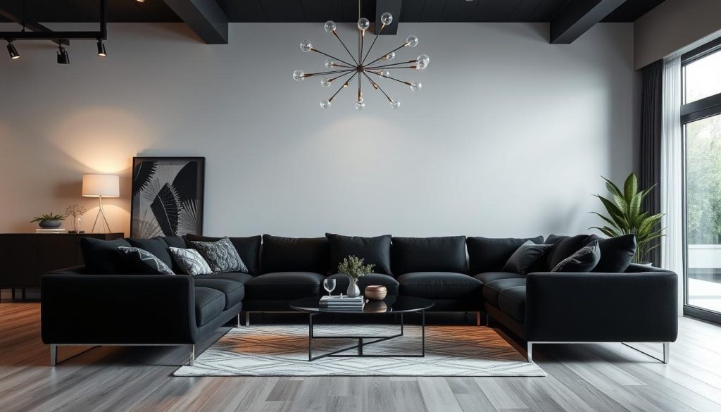 Imagem de um sofá preto retrátil em uma sala de estar moderna Imagem de um sofá preto retrátil em uma sala de estar moderna