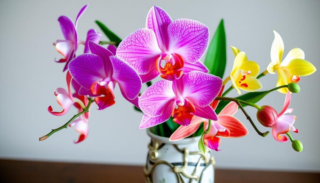 Imagem de um vaso com orquídeas artificiais Imagem de um vaso com orquídeas artificiais