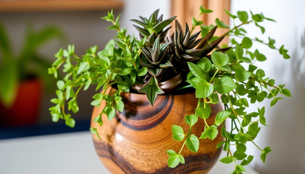 Imagem de um vaso de madeira decorativo com plantas Imagem de um vaso de madeira decorativo com plantas