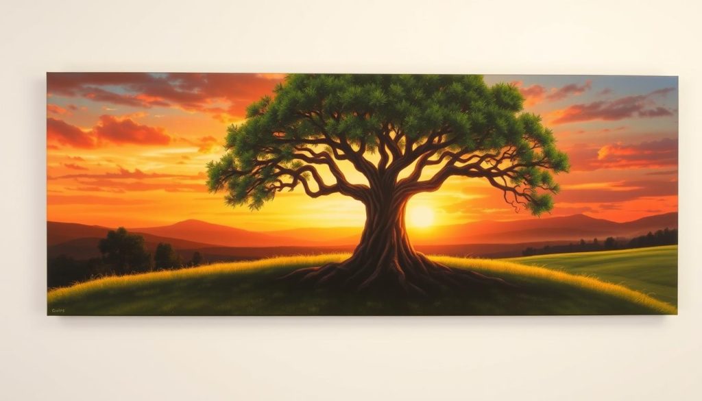 Imagem de uma Tela Canvas Paisagem Árvore da Vida Iluminada ao Pôr do Sol Imagem de uma Tela Canvas Paisagem Árvore da Vida Iluminada ao Pôr do Sol