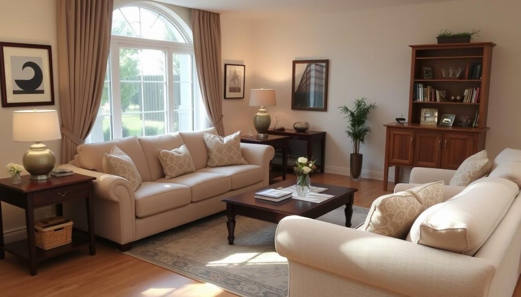 Imagem de uma sala com sofá bege e móveis complementares Imagem de uma sala com sofá bege e móveis complementares