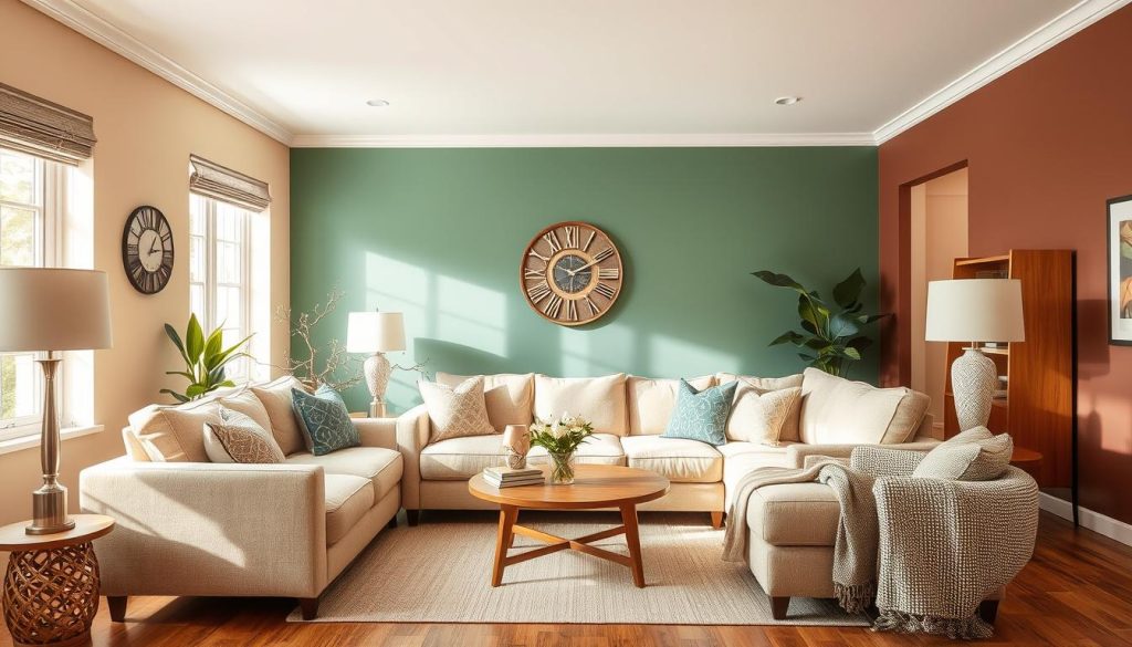 Imagem de uma sala com sofá bege e paredes em diferentes cores Imagem de uma sala com sofá bege e paredes em diferentes cores