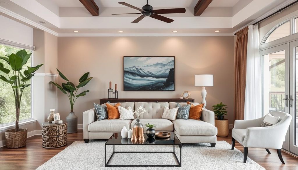 Imagem de uma sala decorada com sofá bege e elementos decorativos Imagem de uma sala decorada com sofá bege e elementos decorativos