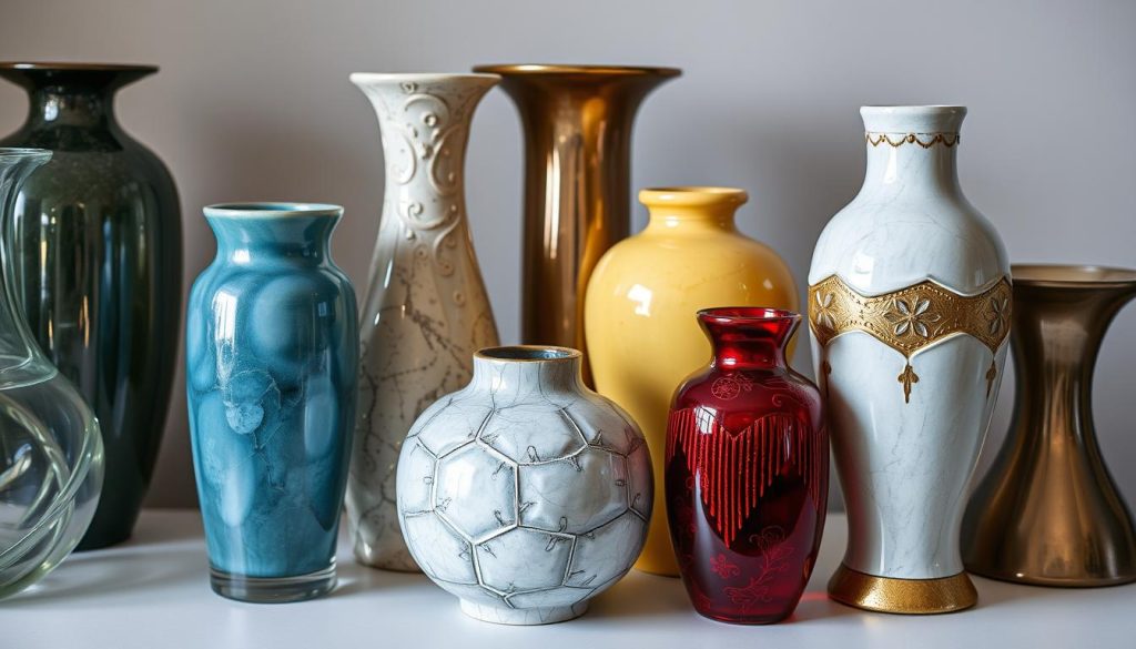 Imagem de vasos decorativos feitos de diferentes materiais como vidro, cerâmica e metal. Imagem de vasos decorativos feitos de diferentes materiais como vidro, cerâmica e metal.