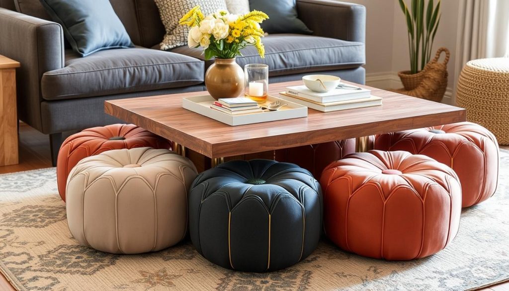 Imagine uma mesa de centro feita com puffs estilosos e funcionais. Imagine uma mesa de centro feita com puffs estilosos e funcionais.