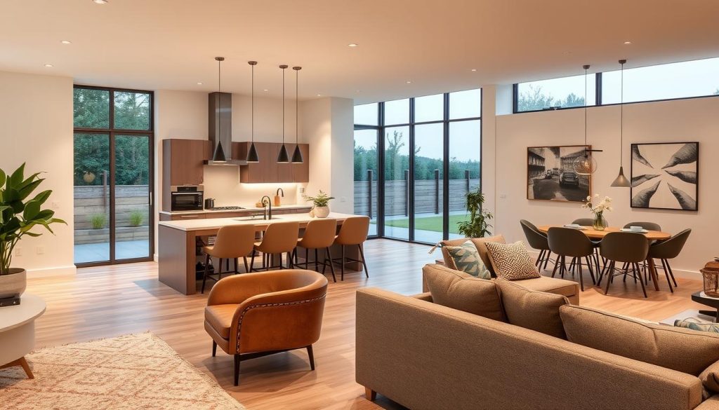Imagine uma sala e cozinha integradas iluminadas de forma perfeita Imagine uma sala e cozinha integradas iluminadas de forma perfeita