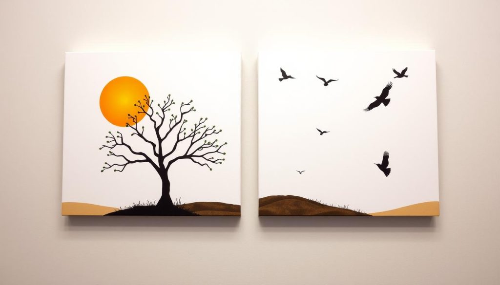 Kit de 2 Telas Canvas Abstrato Minimalista Sol, Árvore e Pássaros Kit de 2 Telas Canvas Abstrato Minimalista Sol, Árvore e Pássaros