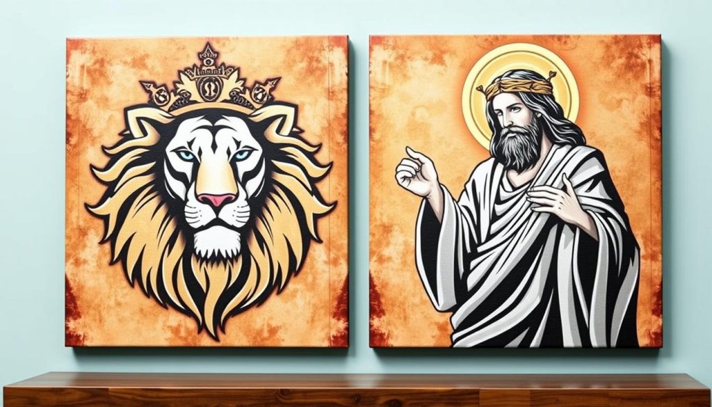 Kit de 2 Telas Canvas Religião Leão de Judá e Jesus Duas Metades | Quadro Decorativo Kit de 2 Telas Canvas Religião Leão de Judá e Jesus Duas Metades | Quadro Decorativo