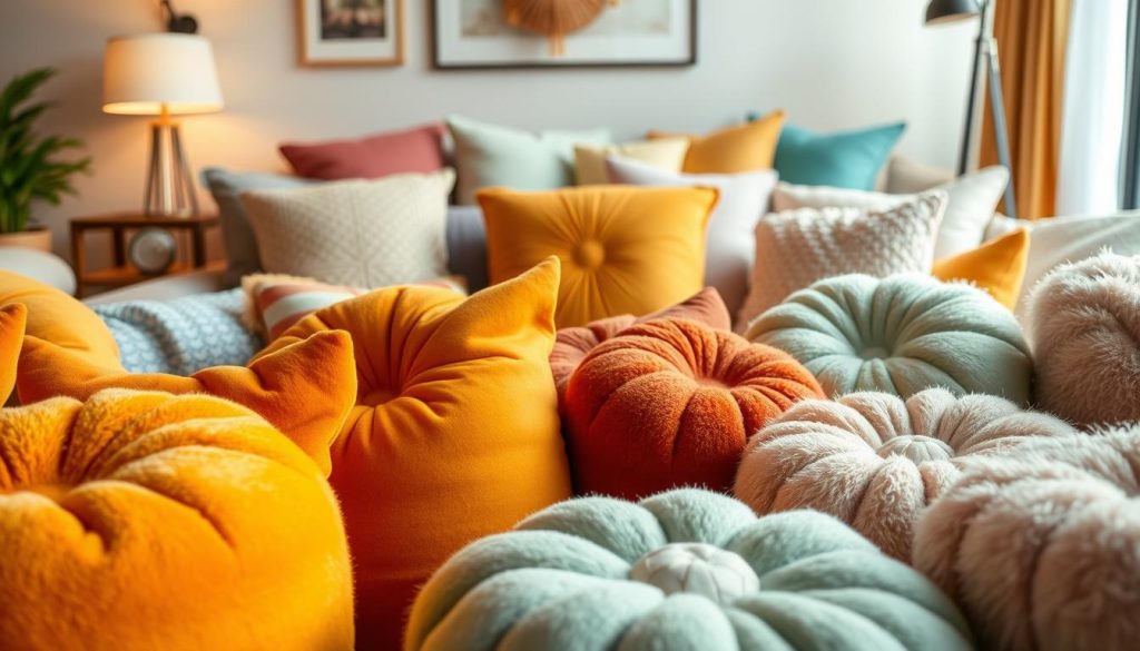Vibrant puffs in a cozy living room setting, showcasing a diverse array of colors and patterns. In the foreground, plush puffs in shades of ochre, terracotta, and mustard yellow create a warm and inviting atmosphere. The middle ground features puffs with subtle geometric patterns and textured surfaces, complementing the solid-colored options. In the background, a mix of puffs in pastel hues, such as mint green and soft lavender, add a refreshing touch. Soft, diffused lighting from a combination of floor lamps and natural sunlight filters through the room, creating a welcoming and harmonious ambiance. The overall composition highlights the versatility and visual interest of puffs as a decorative element in a living space. Vibrant puffs in a cozy living room setting, showcasing a diverse array of colors and patterns. In the foreground, plush puffs in shades of ochre, terracotta, and mustard yellow create a warm and inviting atmosphere. The middle ground features puffs with subtle geometric patterns and textured surfaces, complementing the solid-colored options. In the background, a mix of puffs in pastel hues, such as mint green and soft lavender, add a refreshing touch. Soft, diffused lighting from a combination of floor lamps and natural sunlight filters through the room, creating a welcoming and harmonious ambiance. The overall composition highlights the versatility and visual interest of puffs as a decorative element in a living space.
