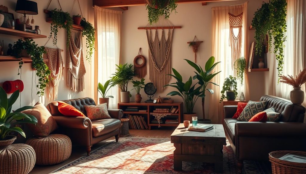 Warm, sun-dappled interior of a cozy bohemian living room. An array of colorful, patterned textiles - plush velvet pillows, macrame wall hangings, and a soft, multicolored area rug. Lush, trailing plants cascade from shelves, casting gentle shadows. Warm, ambient lighting filters through sheer curtains, creating a serene, inviting atmosphere. Eclectic, vintage-inspired furniture pieces, like a tufted leather armchair and a rustic wooden coffee table, arrange a comfortable, lived-in scene. The overall mood is one of relaxed sophistication and artistic flair. Interior quente e ensolarado de uma aconchegante sala de estar boêmia. Uma variedade de tecidos coloridos e estampados - travesseiros de veludo de pelúcia, tapeçarias de macramê e um tapete macio e multicolorido. Plantas exuberantes e rasteiras caem em cascata das prateleiras, projetando sombras suaves. A iluminação quente e ambiente é filtrada pelas cortinas transparentes, criando uma atmosfera serena e convidativa. Peças de mobiliário ecléticas e de inspiração vintage, como uma poltrona de couro tufado e uma mesa de centro de madeira rústica, criam um cenário confortável e acolhedor. O clima geral é de sofisticação descontraída e estilo artístico.