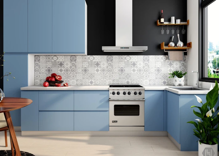 Cozinha conjulgada decorada em L na cor azul claro