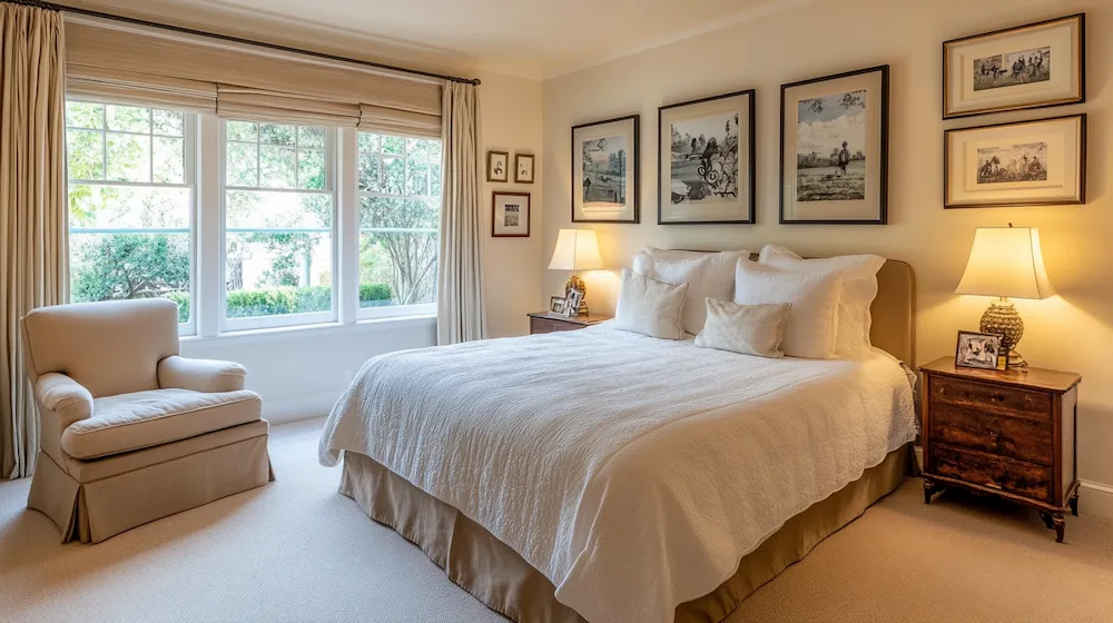 Um quarto aconchegante e bem projetado com uma mistura de elementos de decoração modernos e vintage. O quarto apresenta uma cama grande e confortável com roupa de cama macia em tons neutros, complementada por um par de mesinhas de cabeceira com luminárias minimalistas. As paredes são adornadas com uma galeria de obras de arte e fotografias emolduradas, criando um ambiente personalizado e convidativo. No canto, um recanto de leitura aconchegante com uma poltrona de pelúcia e uma pequena mesa lateral convida ao relaxamento. A luz natural abundante entra pelas grandes janelas, lançando um brilho quente em todo o espaço. A estética geral é uma mistura harmoniosa de estilos, refletindo uma abordagem elegante e econômica da decoração do quarto.