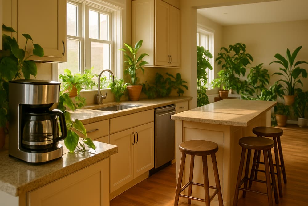 Uma cozinha aconchegante em estilo americano com plantas exuberantes e viçosas adornando o balcão e o peitoril da janela.A luz natural entra pelas grandes janelas, lançando um brilho quente e convidativo sobre os armários de tons neutros e os detalhes em madeira.Em primeiro plano, um elegante aparelho de cozinha em aço inoxidável, talvez uma cafeteira ou um liquidificador, dá um toque moderno.O meio-termo apresenta uma ilha central com banquetas, proporcionando um espaço casual para refeições e reuniões. O fundo mostra um layout de conceito aberto repleto de plantas, sugerindo uma integração harmoniosa entre a natureza e a vida doméstica. No geral, a cena exala uma atmosfera serena e relaxada, perfeita para um momento de tranquilidade em uma cozinha de estilo americano.