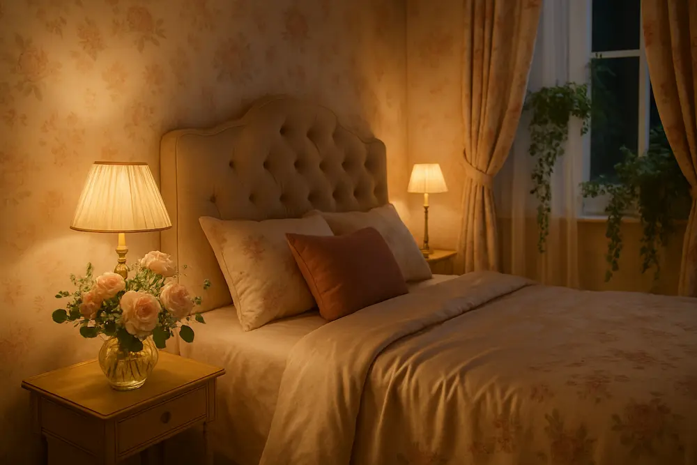 quarto romantico com dois abajures ligados e com a luz baixa