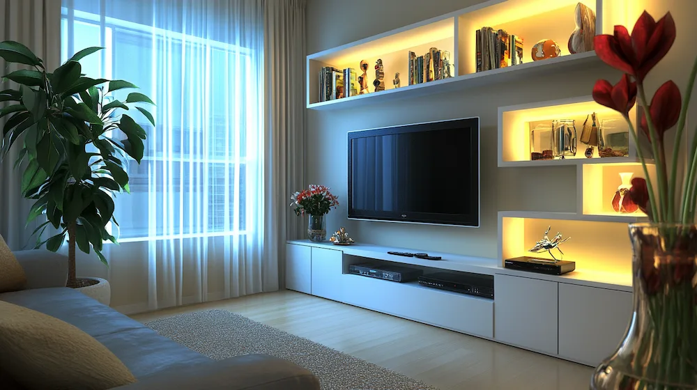 Sala de estar moderna com painel de TV branco e rack embutido, nichos decorativos iluminados com vasos, esculturas e livros. Ambiente com planta verde, vaso com flores vermelhas, sofá cinza e piso de madeira clara. Iluminação natural e decoração elegante com estilo contemporâneo