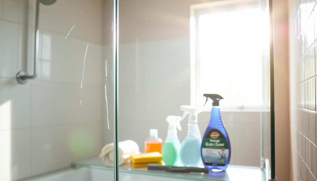 A clean, well-lit bathroom interior with a large glass shower enclosure taking up the foreground. Bright natural light streams in through a window, casting a warm glow and creating reflections on the wet glass. In the middle ground, a variety of household cleaning supplies and tools are neatly arranged, including a sponge, squeegee, and bottle of glass cleaner. The background shows tiled walls and floor, with a sense of order and cleanliness pervading the scene. The overall mood is one of efficiency, organization, and the satisfaction of a thorough, effective cleaning routine. Um banheiro limpo e bem iluminado, com um grande box de vidro ocupando o primeiro plano. A luz natural brilhante entra pela janela, criando um brilho aconchegante e reflexos no vidro molhado. No meio, vários produtos e utensílios de limpeza doméstica estão bem organizados, incluindo uma esponja, um rodo e um frasco de limpador de vidros. O fundo mostra paredes e piso revestidos com azulejos, com uma sensação de ordem e limpeza permeando a cena. O clima geral é de eficiência, organização e satisfação por uma rotina de limpeza completa e eficaz.