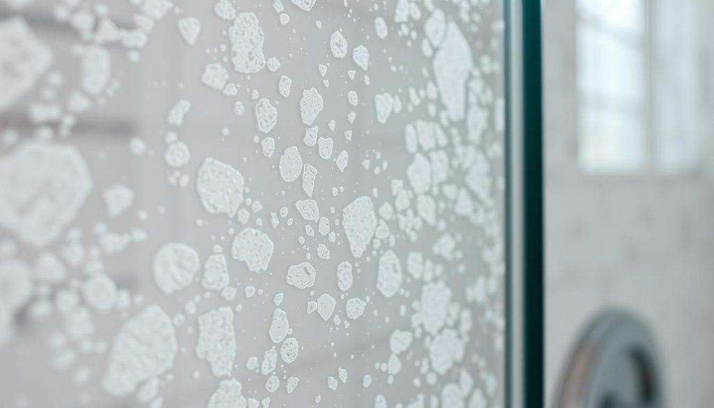 A close-up view of a glass shower enclosure, capturing the intricate patterns of white and off-white calcium deposits on the surface. The lighting is soft and diffused, creating an ethereal, almost abstract quality to the image. The focus is sharp, highlighting the textural details of the mineral stains, which appear as irregular, organic shapes and swirls across the translucent glass. The background is blurred, placing the emphasis solely on the mesmerizing calcium deposits that have formed on the shower walls, a common and troublesome issue in bathroom environments. Uma imagem em close-up de um box de vidro, capturando os padrões intricados de depósitos de cálcio brancos e esbranquiçados na superfície. A iluminação é suave e difusa, criando uma qualidade etérea, quase abstrata, à imagem. O foco é nítido, destacando os detalhes texturais das manchas minerais, que aparecem como formas orgânicas irregulares e redemoinhos no vidro translúcido. O fundo está desfocado, colocando a ênfase exclusivamente nos depósitos de cálcio hipnotizantes que se formaram nas paredes do chuveiro, um problema comum e incômodo em ambientes de banheiro.